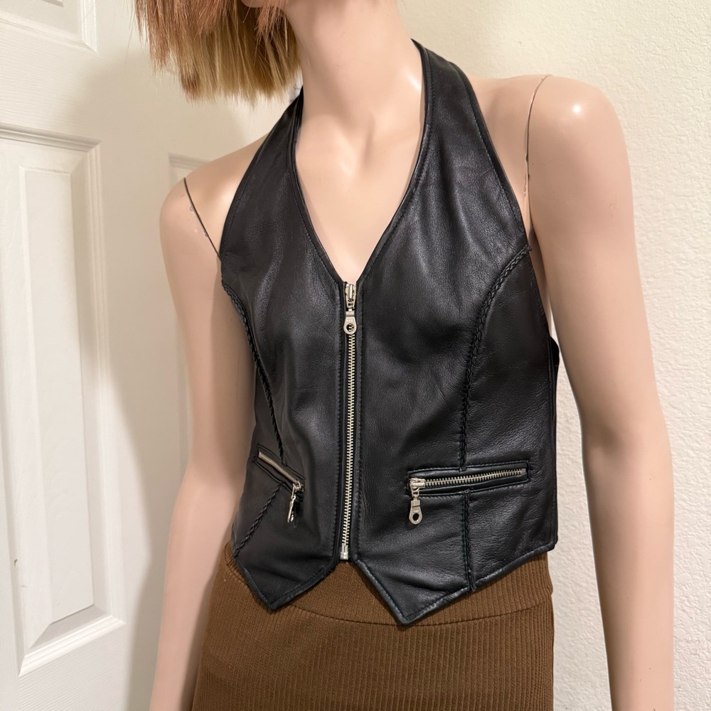 Vintage FIRST Black 100% Genuine Leather Biker Vest Women’s Halter Vest Size M